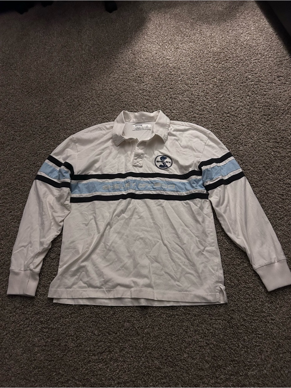 Hollister White Long Sleeve Rugby Polo with Light Blue & Black Stripes